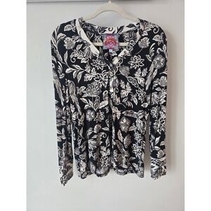 Johnny Was Black White Floral Bird Henley Top Long Sleeve Rayon
Small